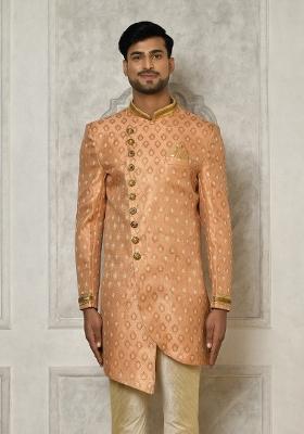 Peach Embroidered Jacquard Indo Western Sherwani For Men