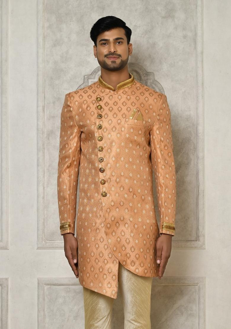 Peach Embroidered Jacquard Indo Western Sherwani For Men