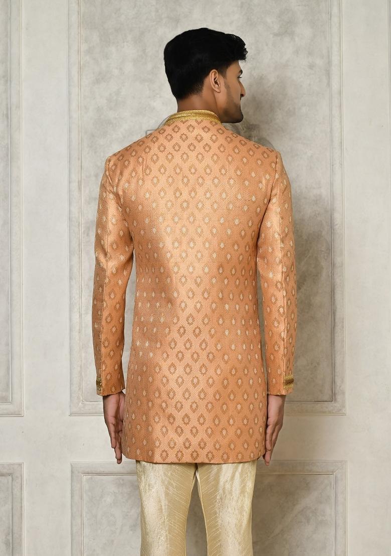 Peach Embroidered Jacquard Indo Western Sherwani For Men