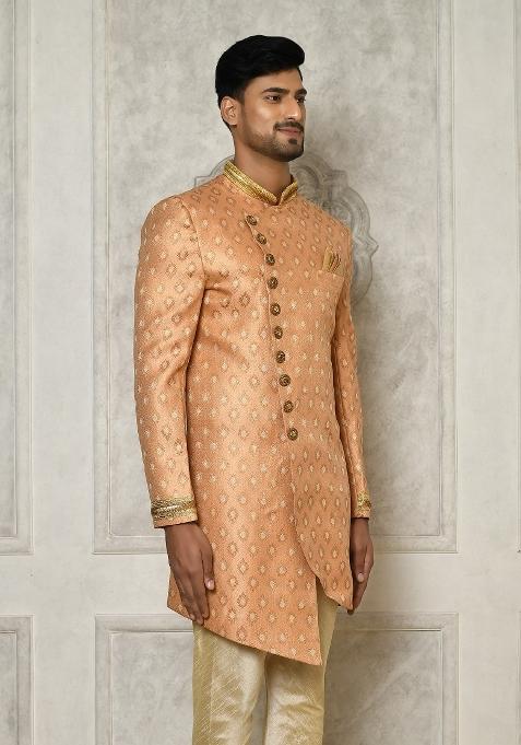 Peach Embroidered Jacquard Indo Western Sherwani For Men