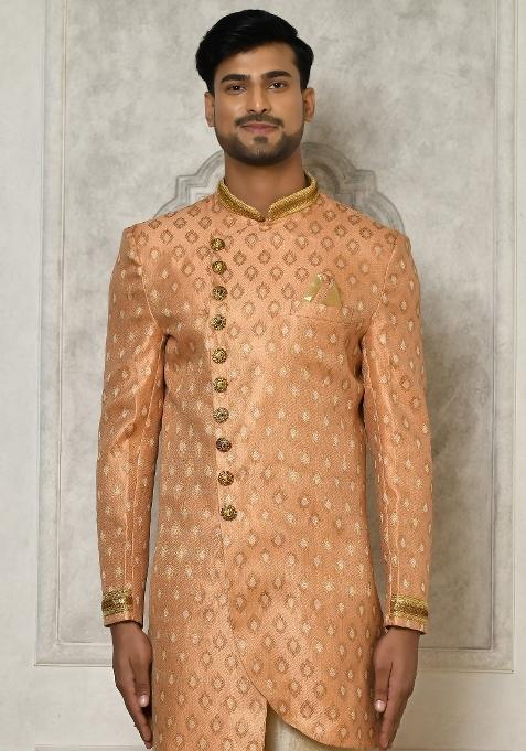 Peach Embroidered Jacquard Indo Western Sherwani For Men
