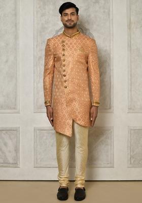 Peach Embroidered Jacquard Indo Western Sherwani Set For Men