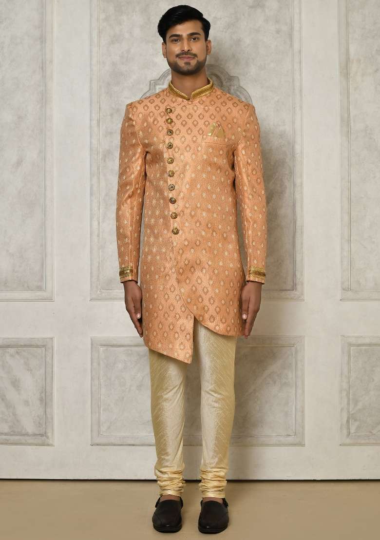 Peach Embroidered Jacquard Indo Western Sherwani Set For Men - Indya