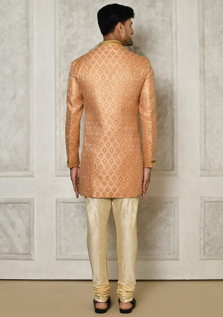 Peach Embroidered Jacquard Indo Western Sherwani Set For Men