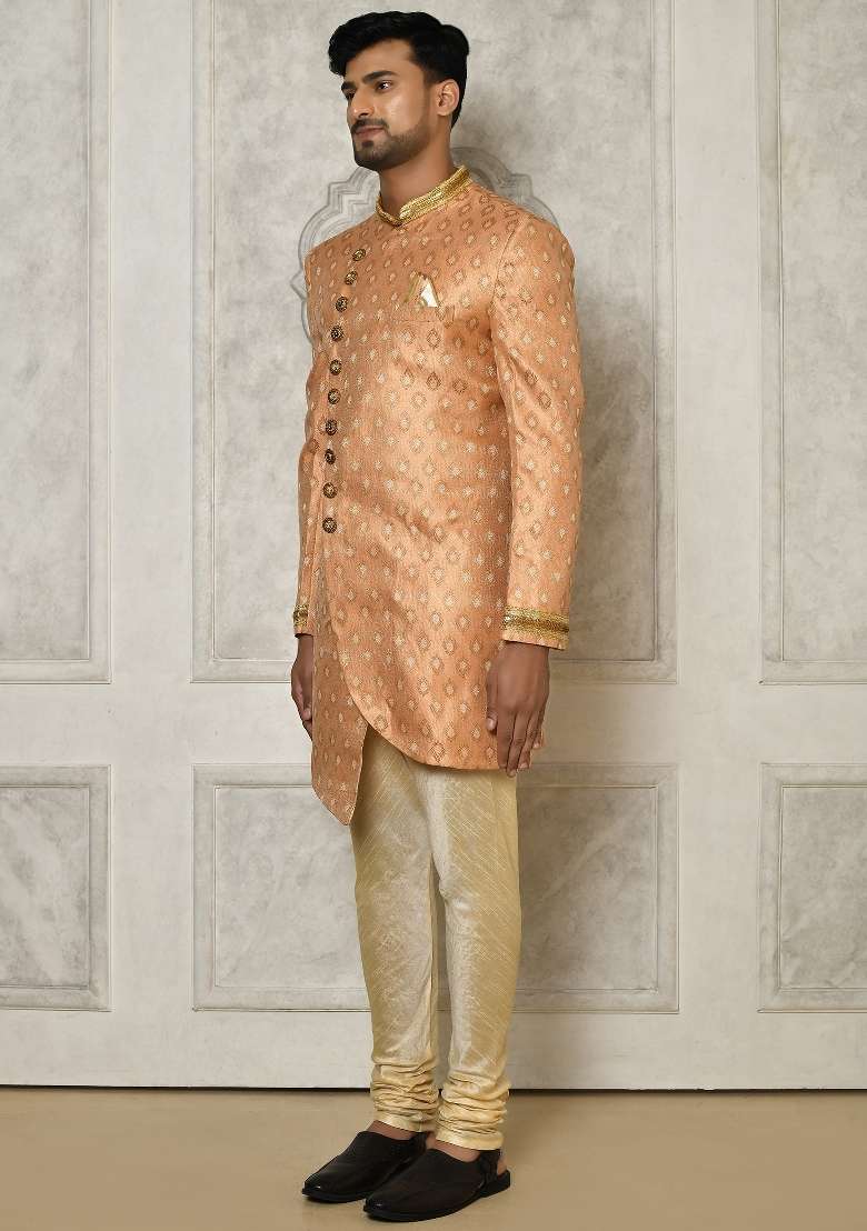 Peach Embroidered Jacquard Indo Western Sherwani Set For Men - Indya