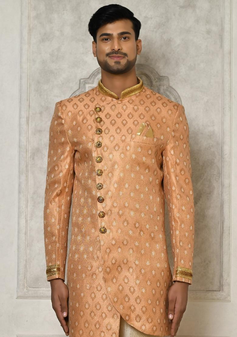 Peach Embroidered Jacquard Indo Western Sherwani Set For Men