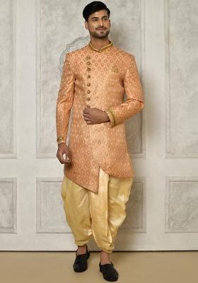 Peach Embroidered Jacquard Indo Western Sherwani Set For Men