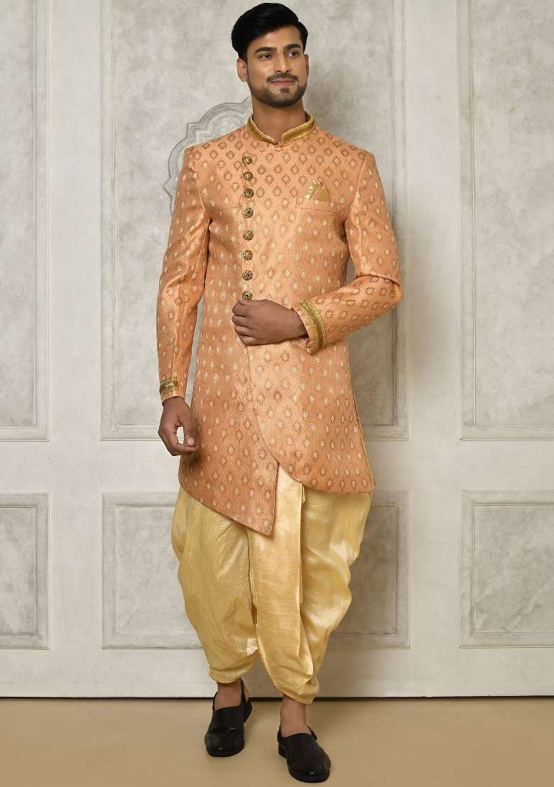 Peach Embroidered Jacquard Indo Western Sherwani Set For Men - Indya