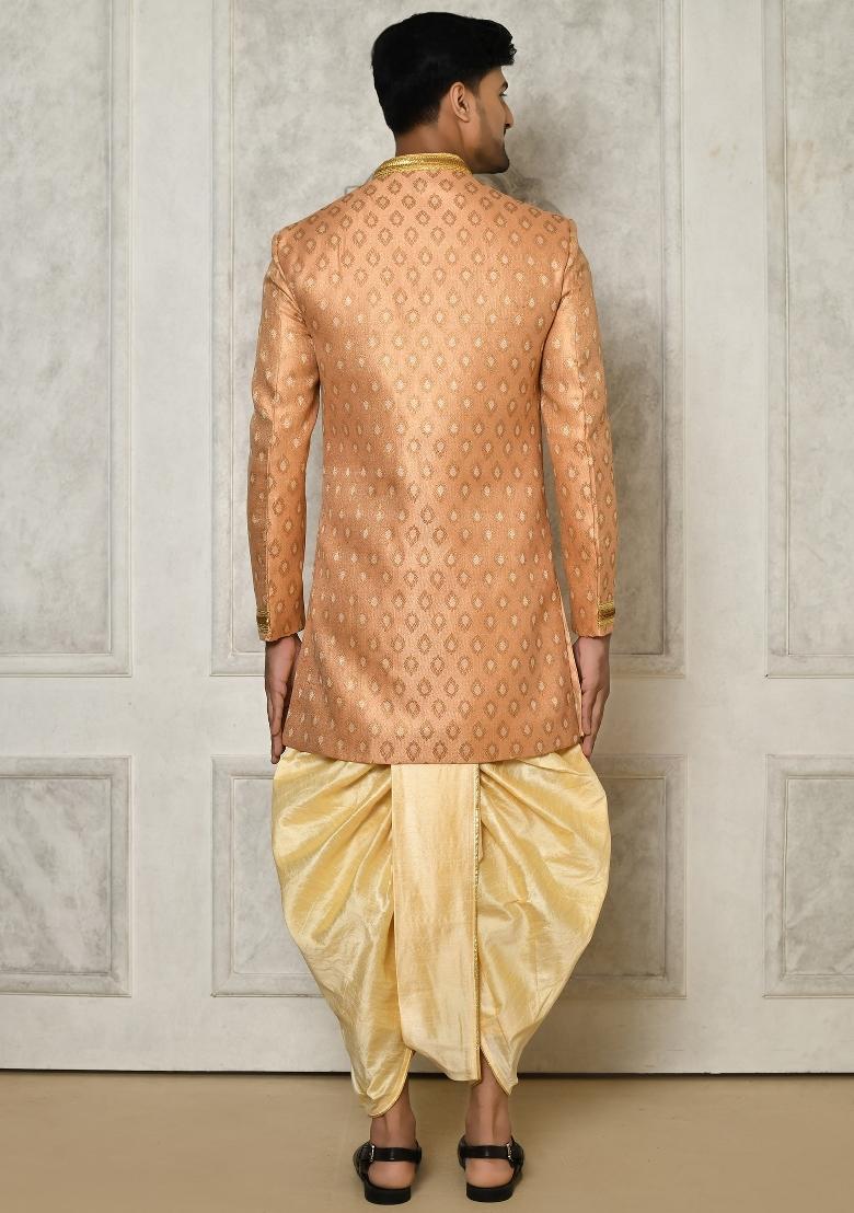 Peach Embroidered Jacquard Indo Western Sherwani Set For Men