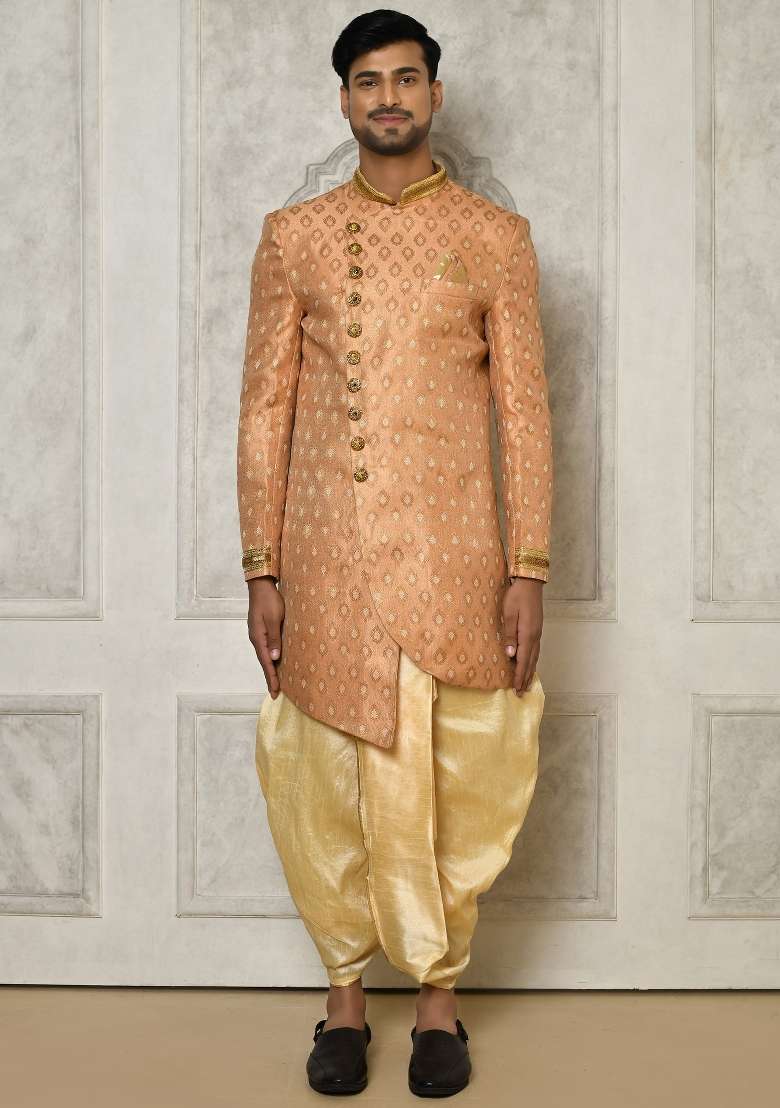 Peach Embroidered Jacquard Indo Western Sherwani Set For Men - Indya