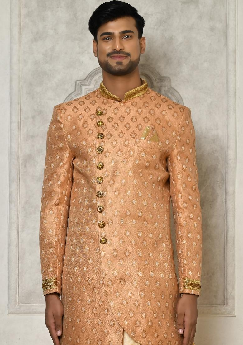Peach Embroidered Jacquard Indo Western Sherwani Set For Men