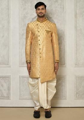 Fawn Orange Embroidered Jacquard Indo Western Sherwani For Men