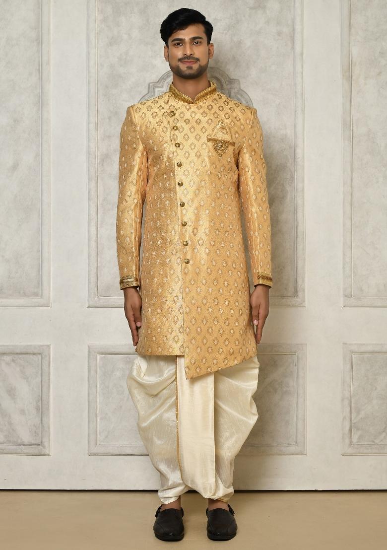 Fawn Orange Embroidered Jacquard Indo Western Sherwani For Men