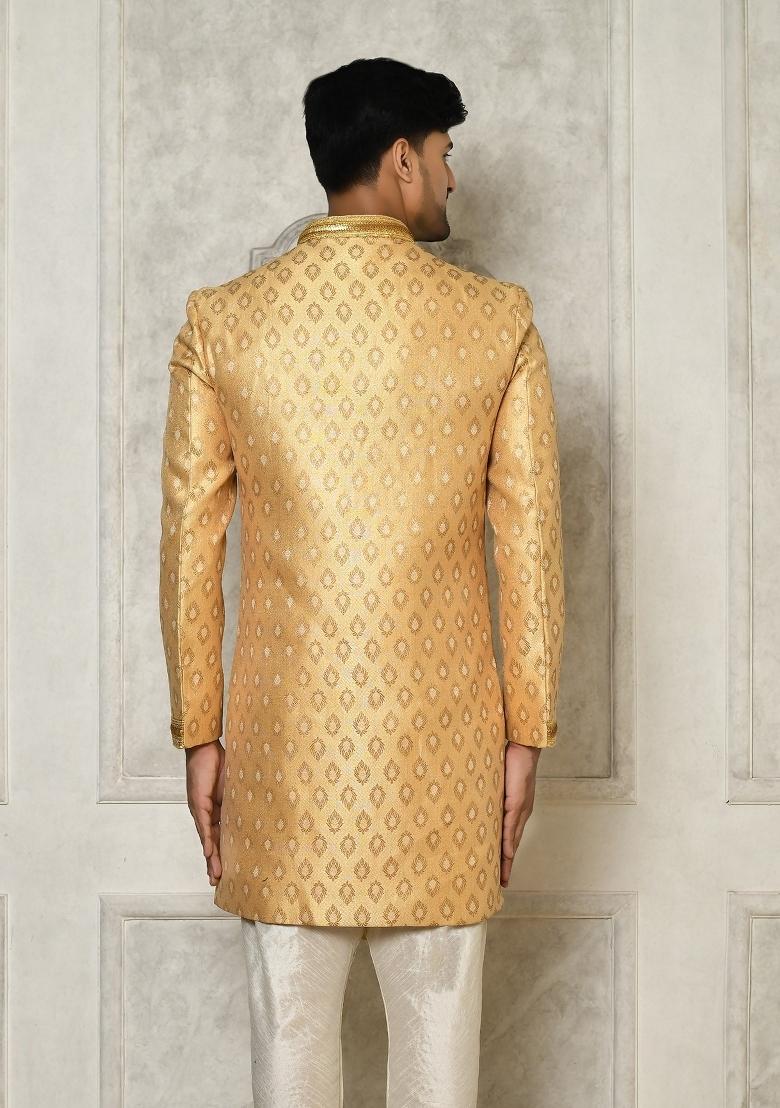 Fawn Orange Embroidered Jacquard Indo Western Sherwani For Men