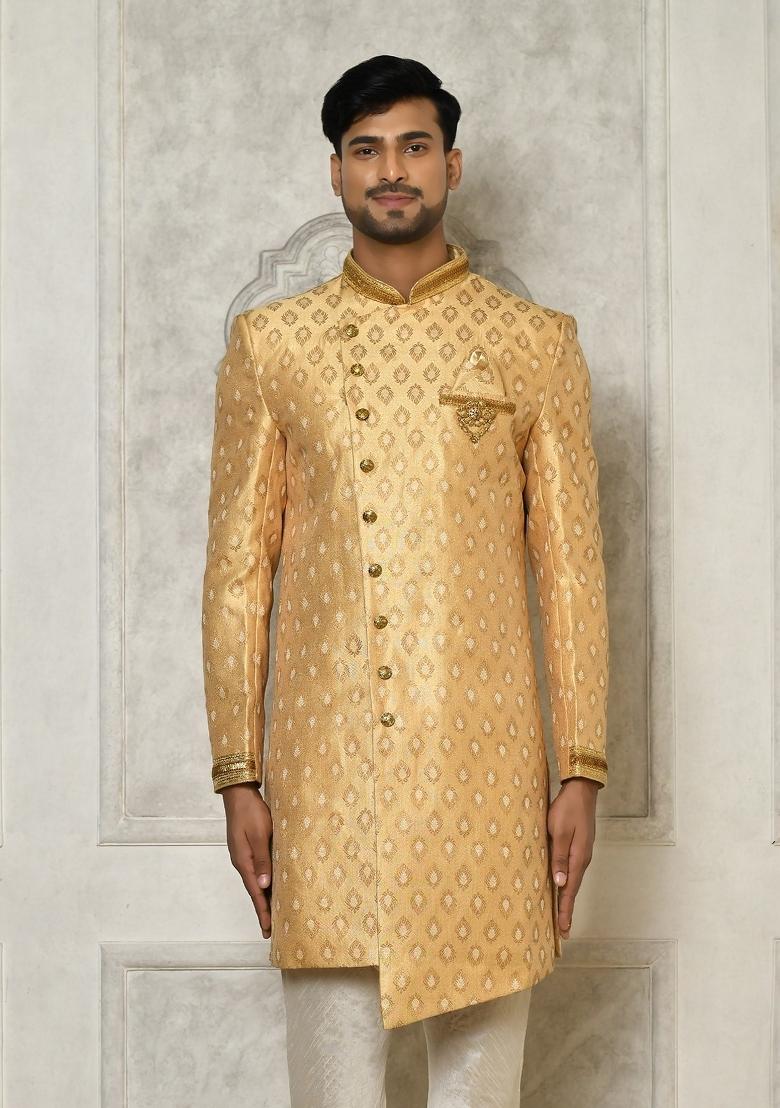 Fawn Orange Embroidered Jacquard Indo Western Sherwani For Men