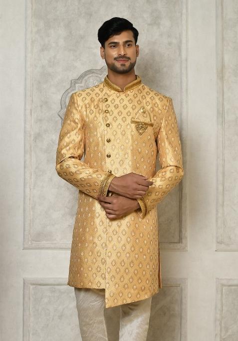 Fawn Orange Embroidered Jacquard Indo Western Sherwani For Men
