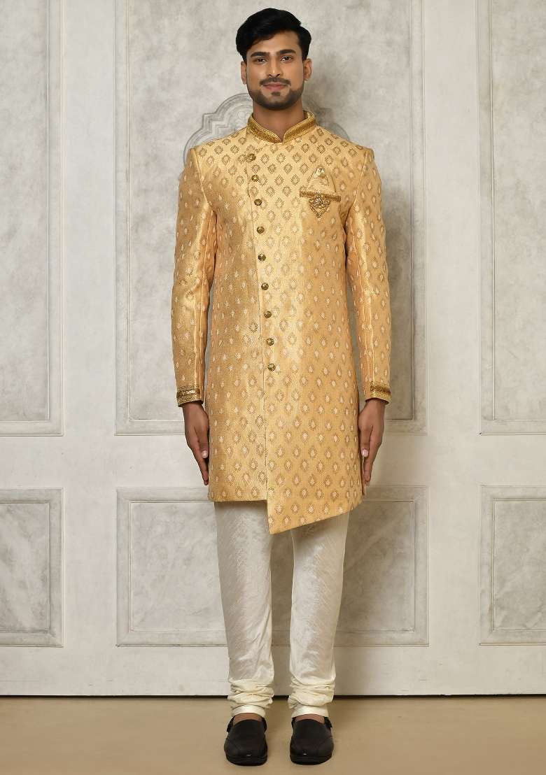 Fawn Orange Embroidered Jacquard Indo Western Sherwani Set For Men - Indya