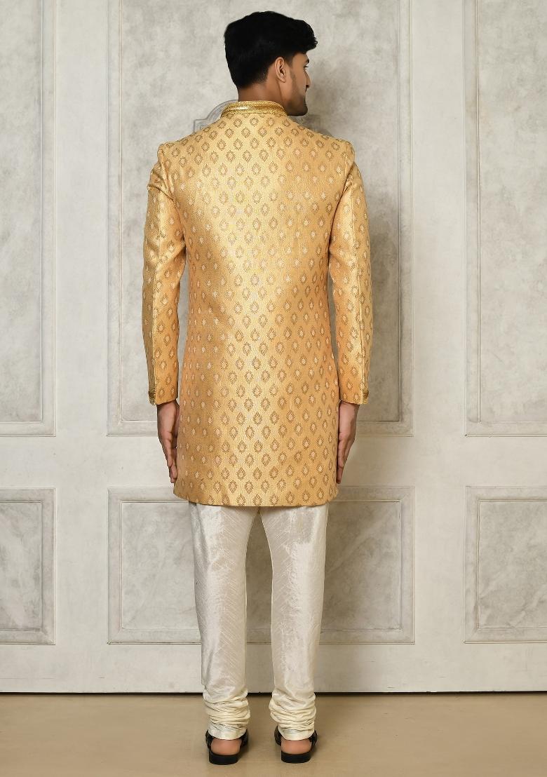 Fawn Orange Embroidered Jacquard Indo Western Sherwani Set For Men