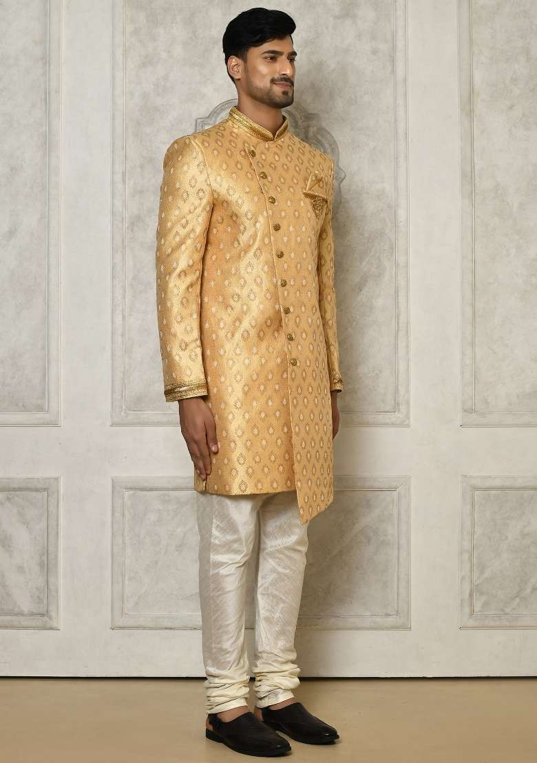 Fawn Orange Embroidered Jacquard Indo Western Sherwani Set For Men - Indya