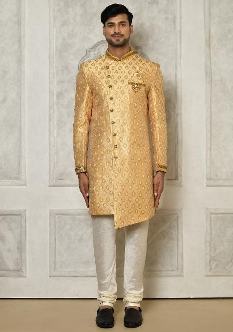 Fawn Orange Embroidered Jacquard Indo Western Sherwani Set For Men — view on Indya