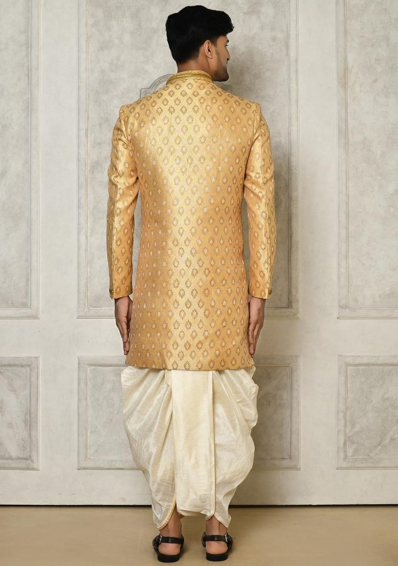 Fawn Orange Embroidered Jacquard Indo Western Sherwani Set For Men