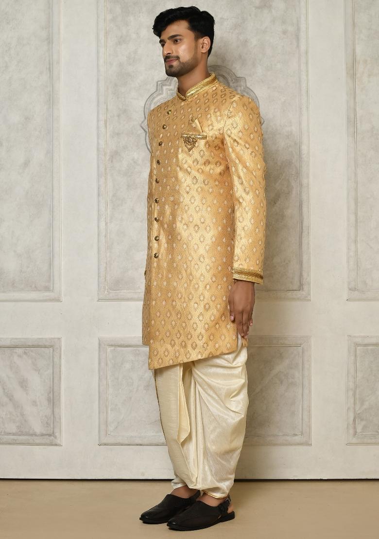 Fawn Orange Embroidered Jacquard Indo Western Sherwani Set For Men