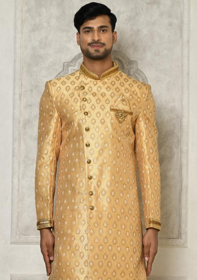 Fawn Orange Embroidered Jacquard Indo Western Sherwani Set For Men