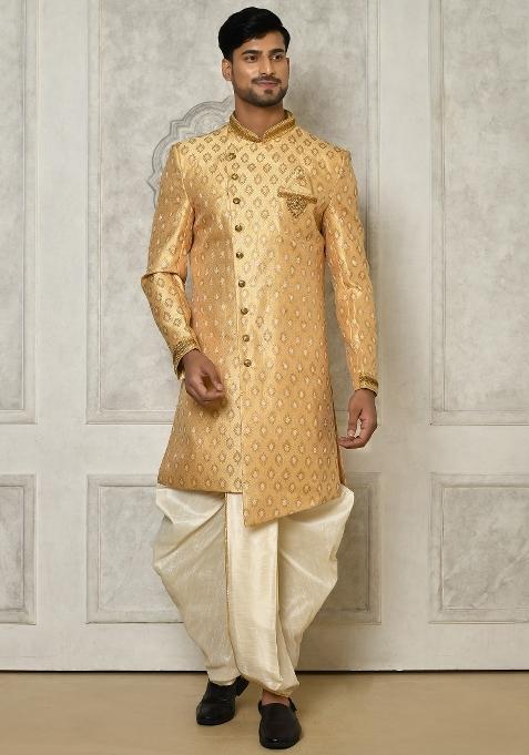 Fawn Orange Embroidered Jacquard Indo Western Sherwani Set For Men