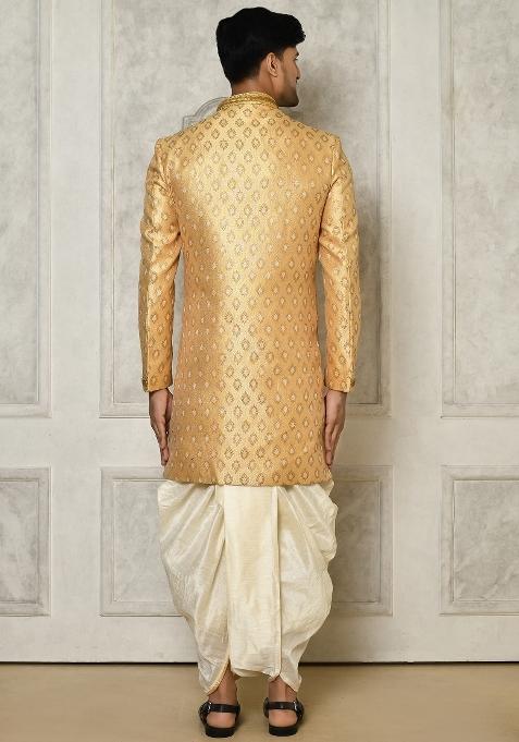 Fawn Orange Embroidered Jacquard Indo Western Sherwani Set For Men