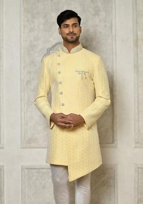 Yellow Embroidered Jacquard Indo Western Sherwani For Men