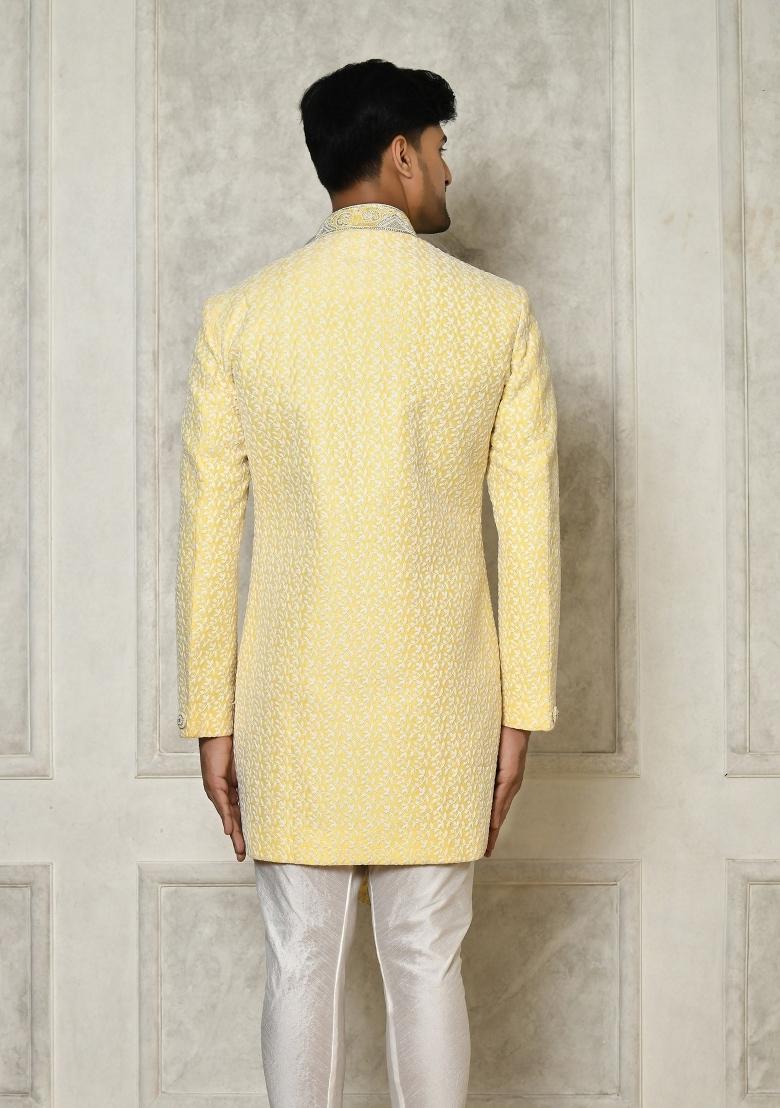 Yellow Embroidered Jacquard Indo Western Sherwani For Men