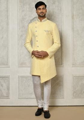 Yellow Embroidered Jacquard Indo Western Sherwani Set For Men