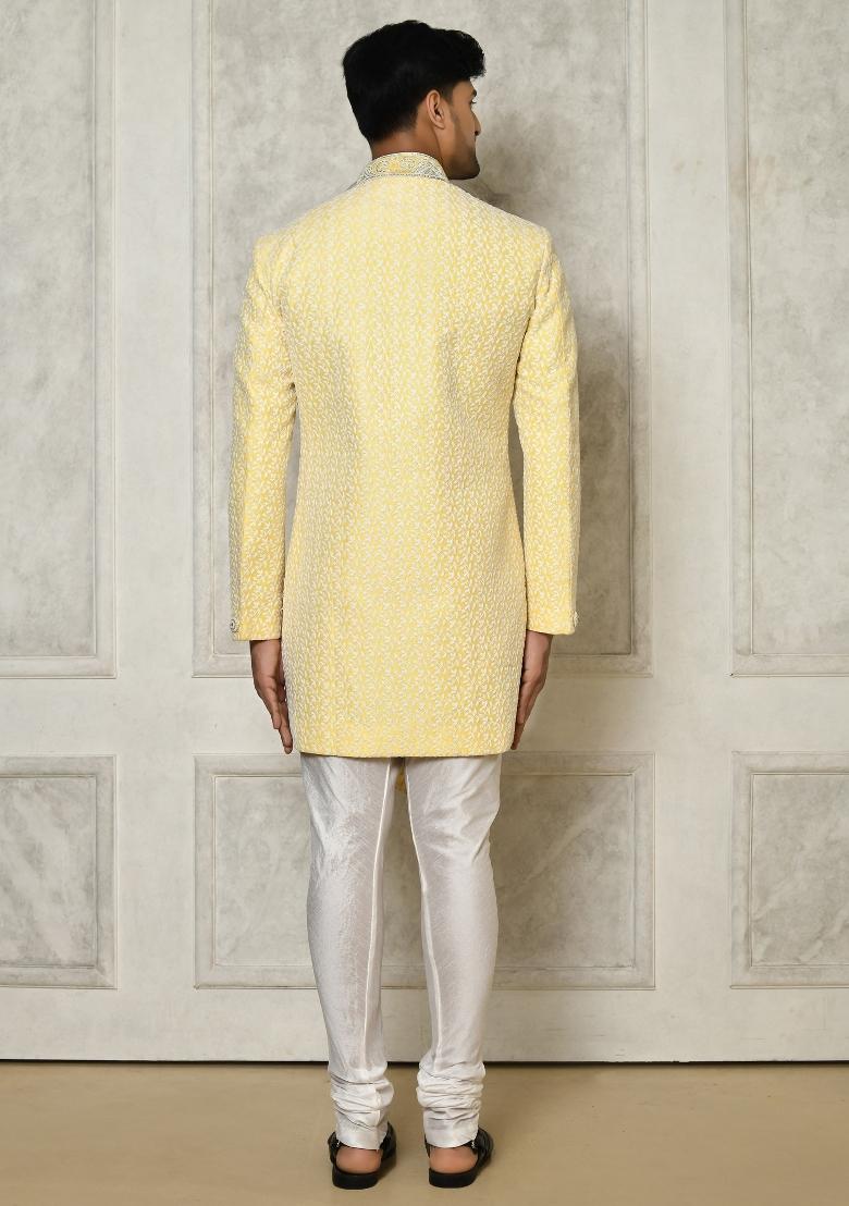 Yellow Embroidered Jacquard Indo Western Sherwani Set For Men