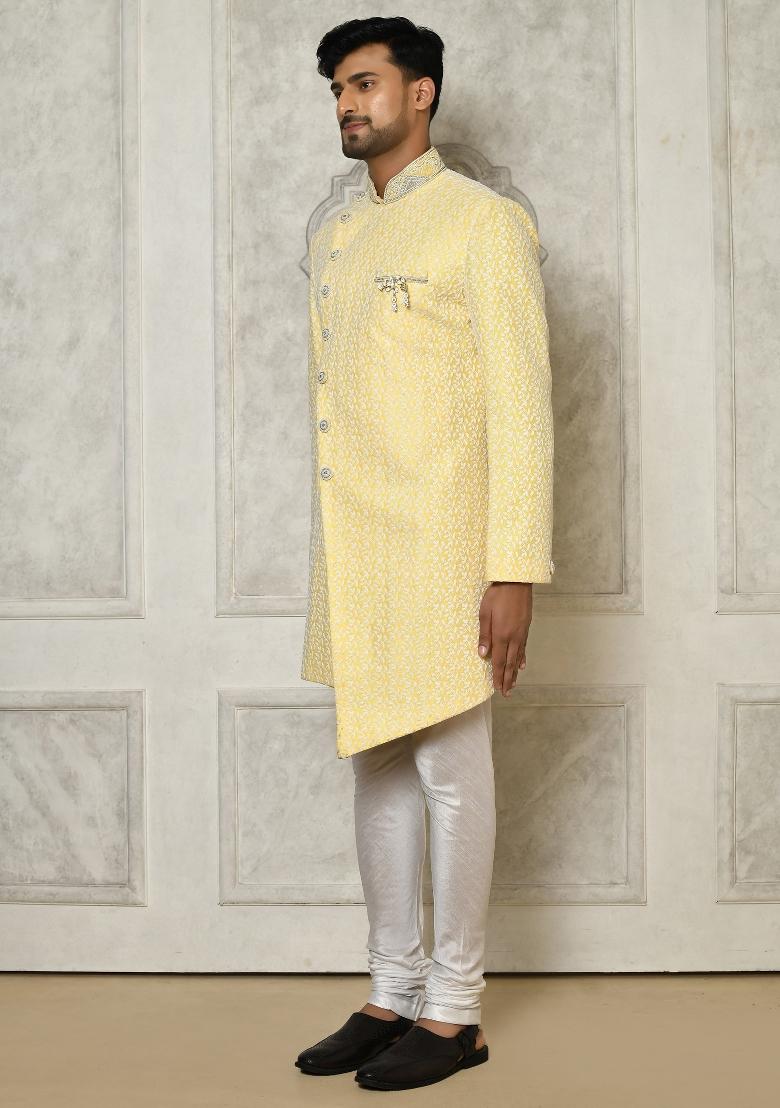 Yellow Embroidered Jacquard Indo Western Sherwani Set For Men