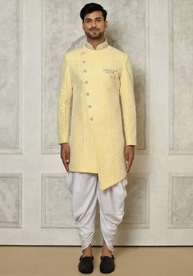 Yellow Embroidered Jacquard Indo Western Sherwani Set For Men