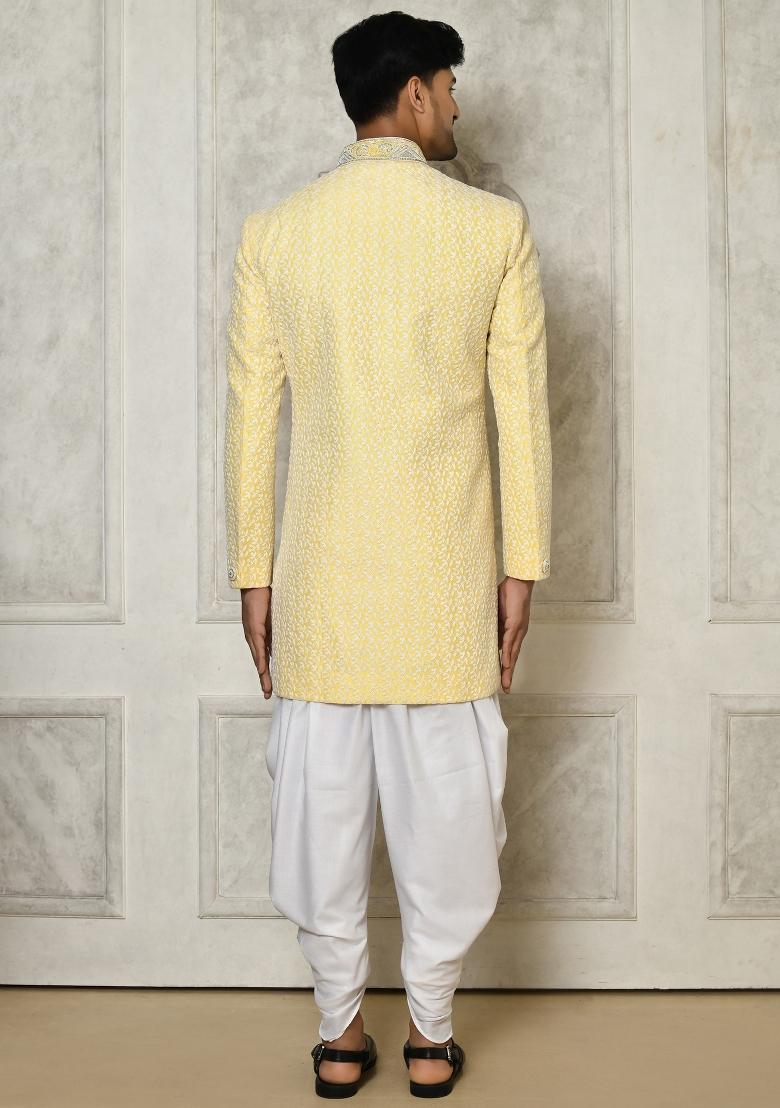 Yellow Embroidered Jacquard Indo Western Sherwani Set For Men