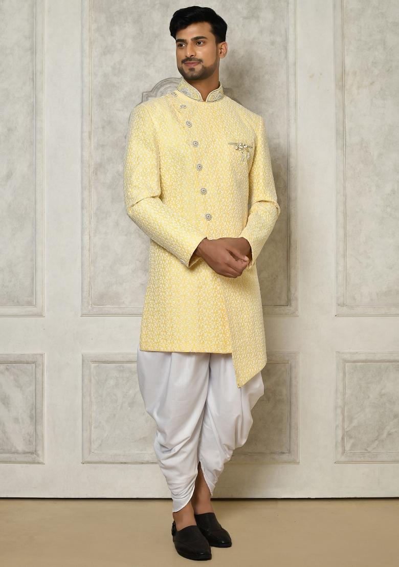 Yellow Embroidered Jacquard Indo Western Sherwani Set For Men