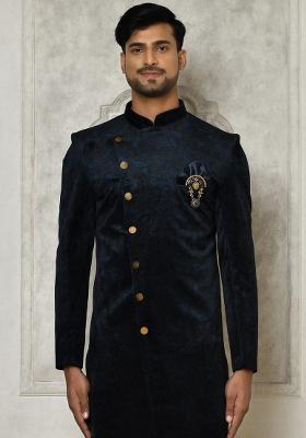 Navy Blue Embroidered Jacquard Indo Western Sherwani For Men
