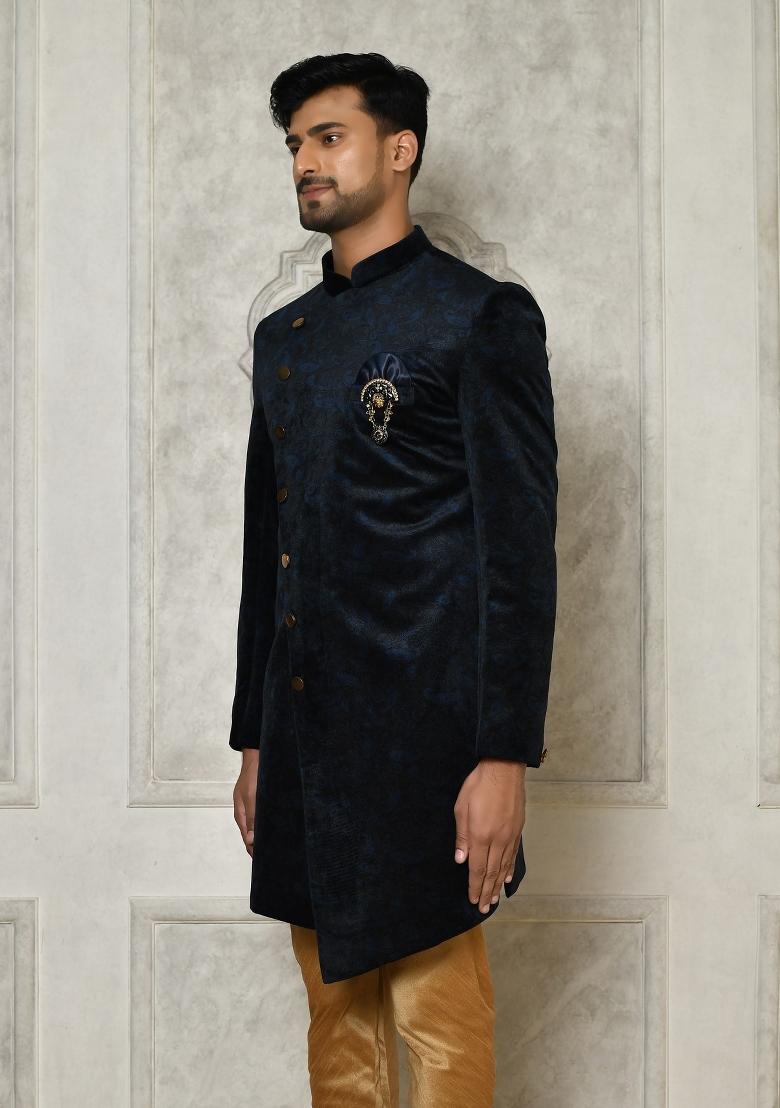 Navy Blue Embroidered Jacquard Indo Western Sherwani For Men