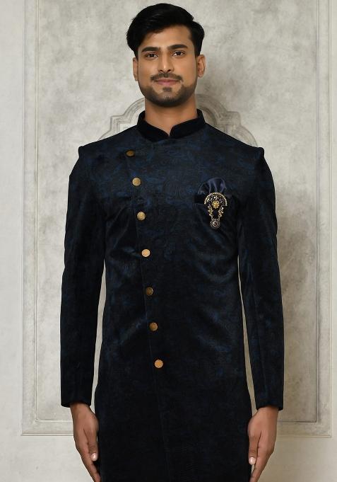 Navy Blue Embroidered Jacquard Indo Western Sherwani For Men