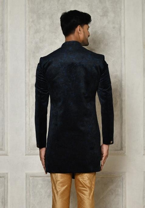 Navy Blue Embroidered Jacquard Indo Western Sherwani For Men