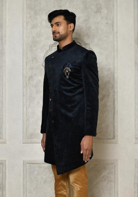 Navy Blue Embroidered Jacquard Indo Western Sherwani For Men