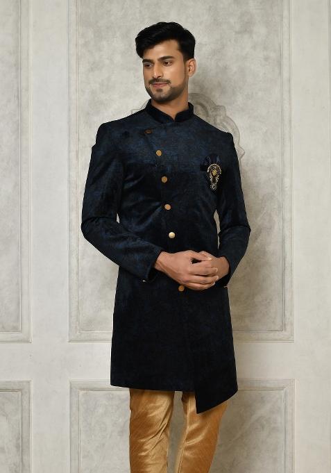 Navy Blue Embroidered Jacquard Indo Western Sherwani For Men