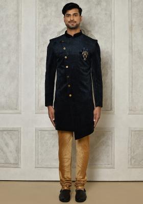 Navy Blue Embroidered Jacquard Indo Western Sherwani Set For Men