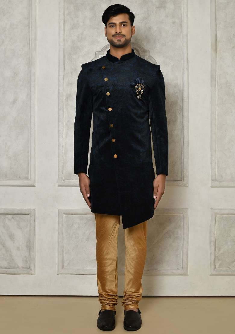 Navy Blue Embroidered Jacquard Indo Western Sherwani Set For Men - Indya