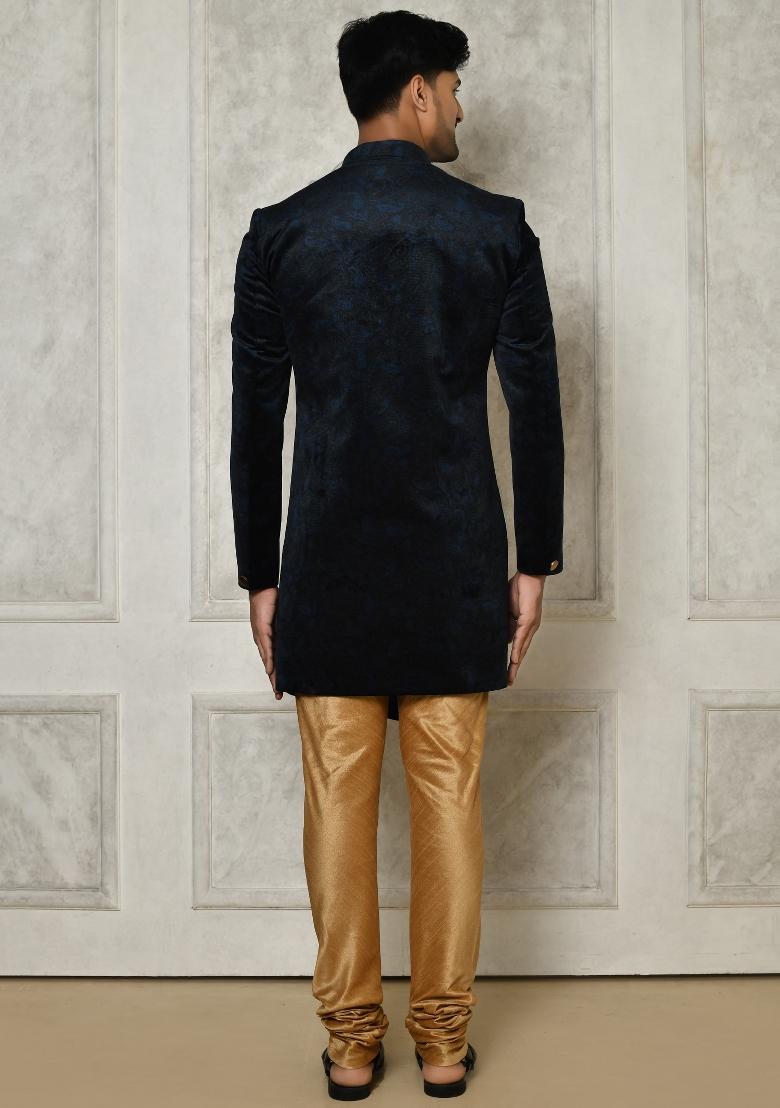 Navy Blue Embroidered Jacquard Indo Western Sherwani Set For Men