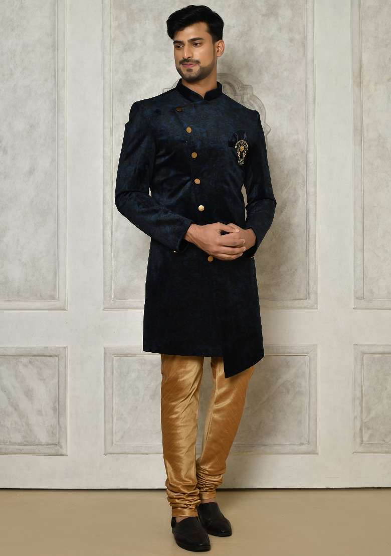 Navy Blue Embroidered Jacquard Indo Western Sherwani Set For Men - Indya