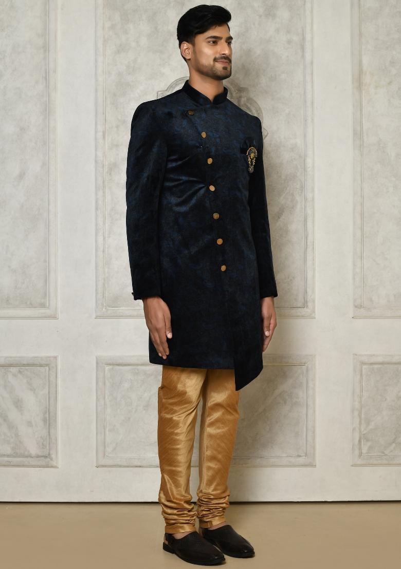 Navy Blue Embroidered Jacquard Indo Western Sherwani Set For Men