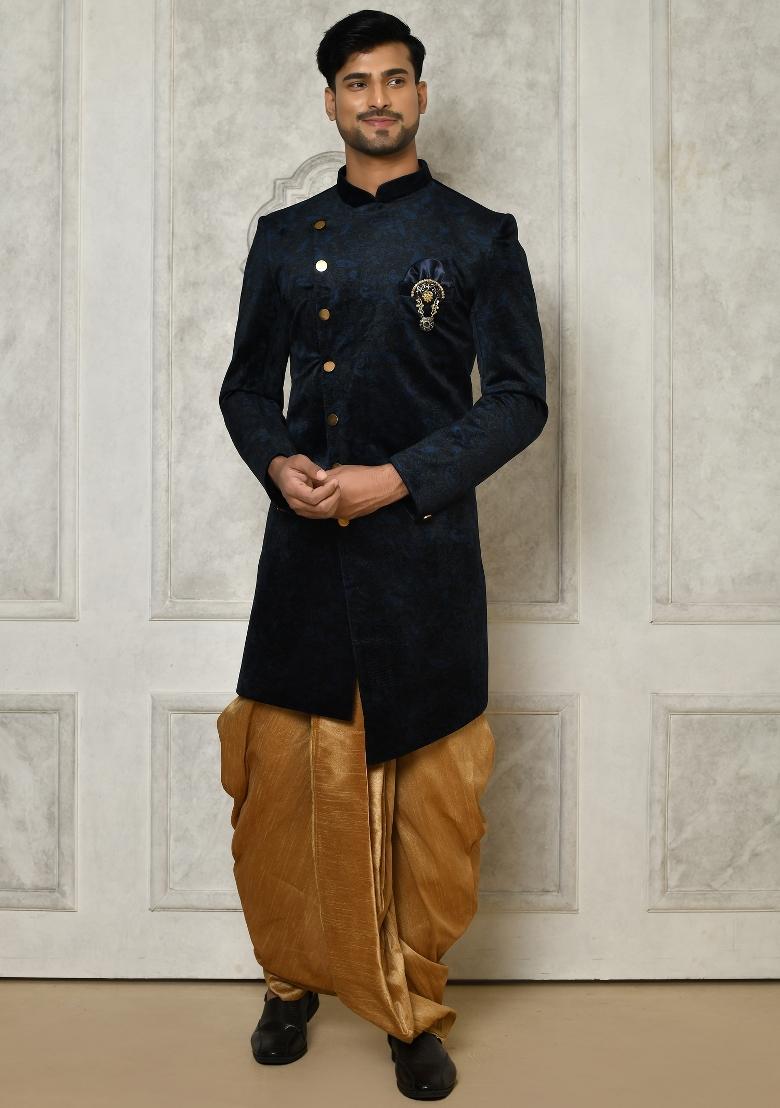Navy Blue Embroidered Jacquard Indo Western Sherwani Set For Men
