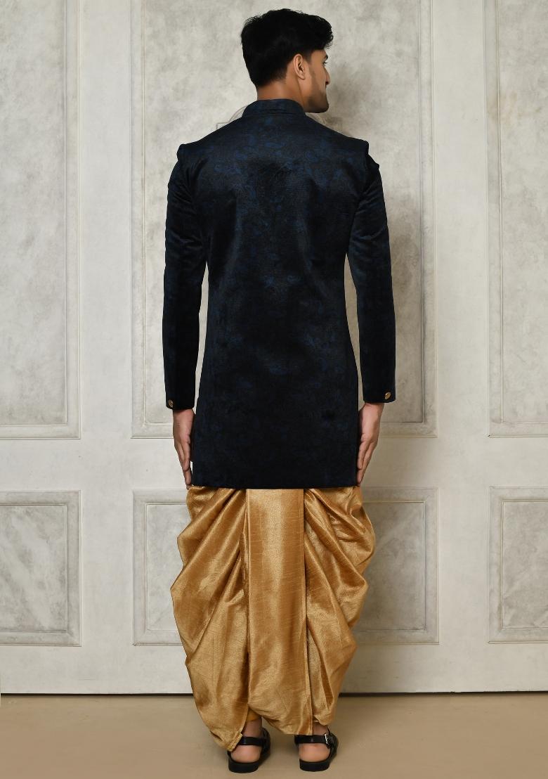 Navy Blue Embroidered Jacquard Indo Western Sherwani Set For Men